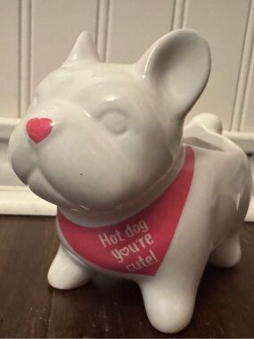Frenchie Dog White Ceramic Succulent Planter Pink Heart Nose Hot Dog You’re Cute